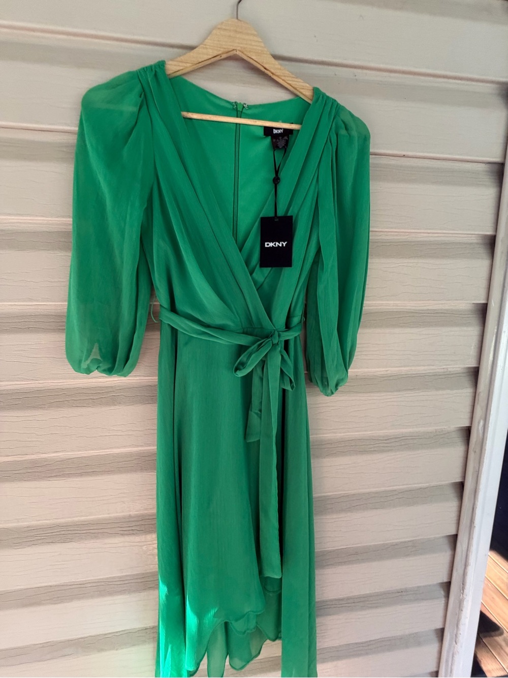 DKNY Emerald Green chiffon faux wrap Tie-Waist Midi Dress